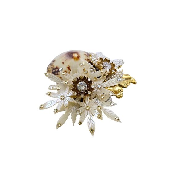 Fabulous VRBA Cowrie Shell Flowers Accented W/ Pearl & Rhinestone Huge Brooch - Picture 4 of 9
